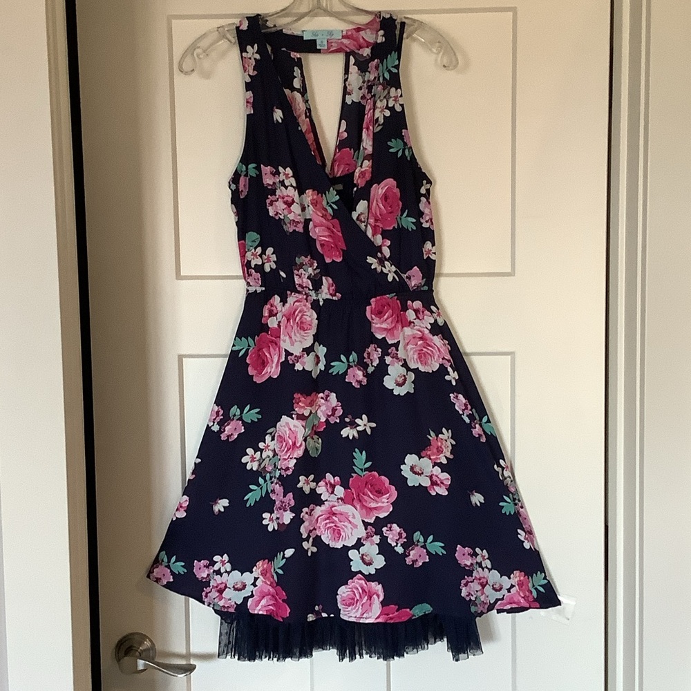 She + Sky Navy and Pink Floral Sun Dress with flirty navy petticoat